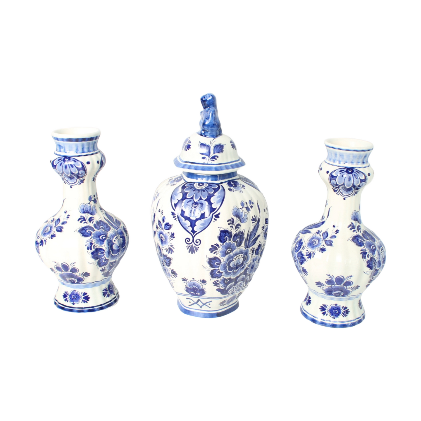 Hand-Painted Delft Blue Vase Set by Flora/Royal Goedewaagen, Mid-20th Century,