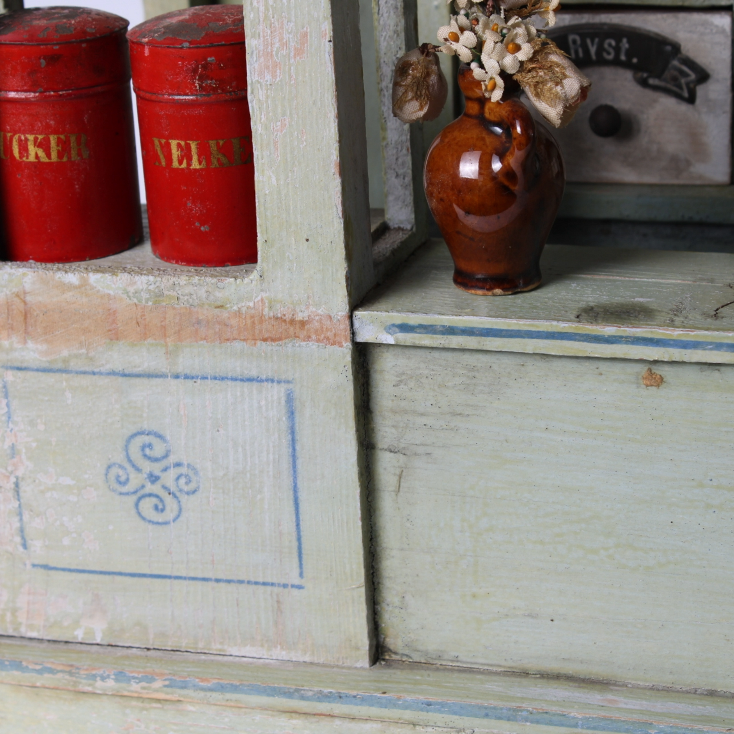 Antique Wooden Toy Grocery Store ca. 1900 with Original Drawers, Tins and Labels