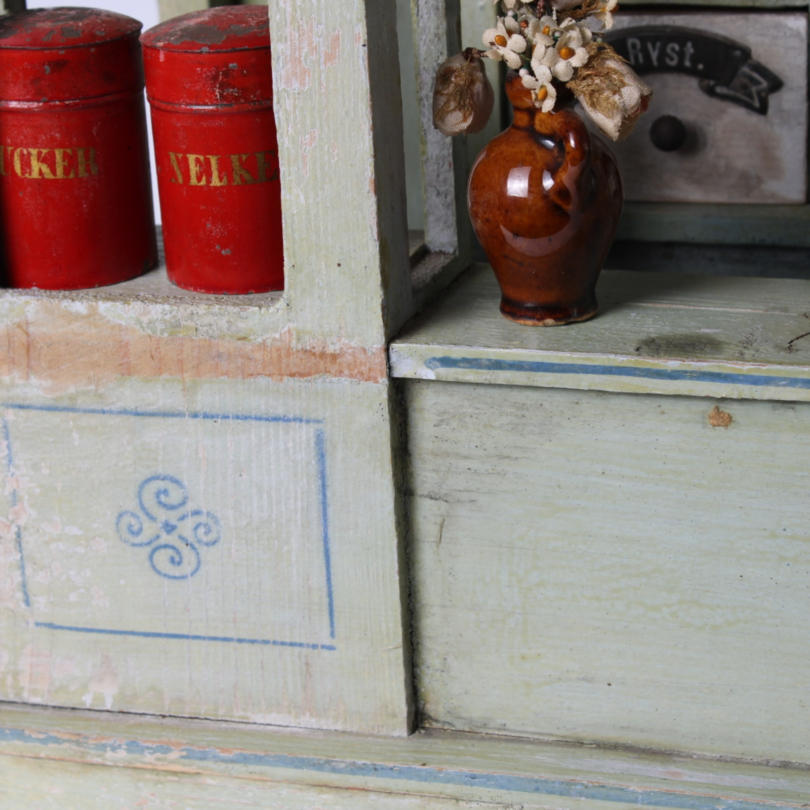Antique Wooden Toy Grocery Store ca. 1900 with Original Drawers, Tins and Labels