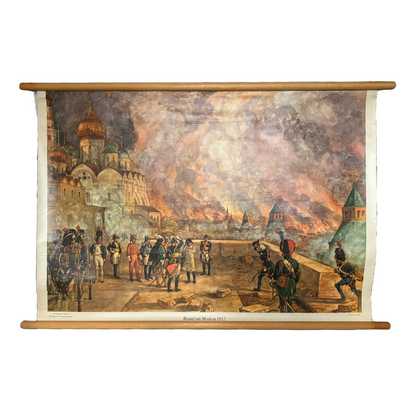 Antique School Chart "Fire of Moscow 1812" | J.H. Isings | Historical Decor |