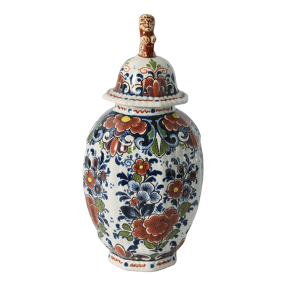 Hand-Painted Delft Blue Vase with Lid, Floral Design, Traditional Dutch Pottery