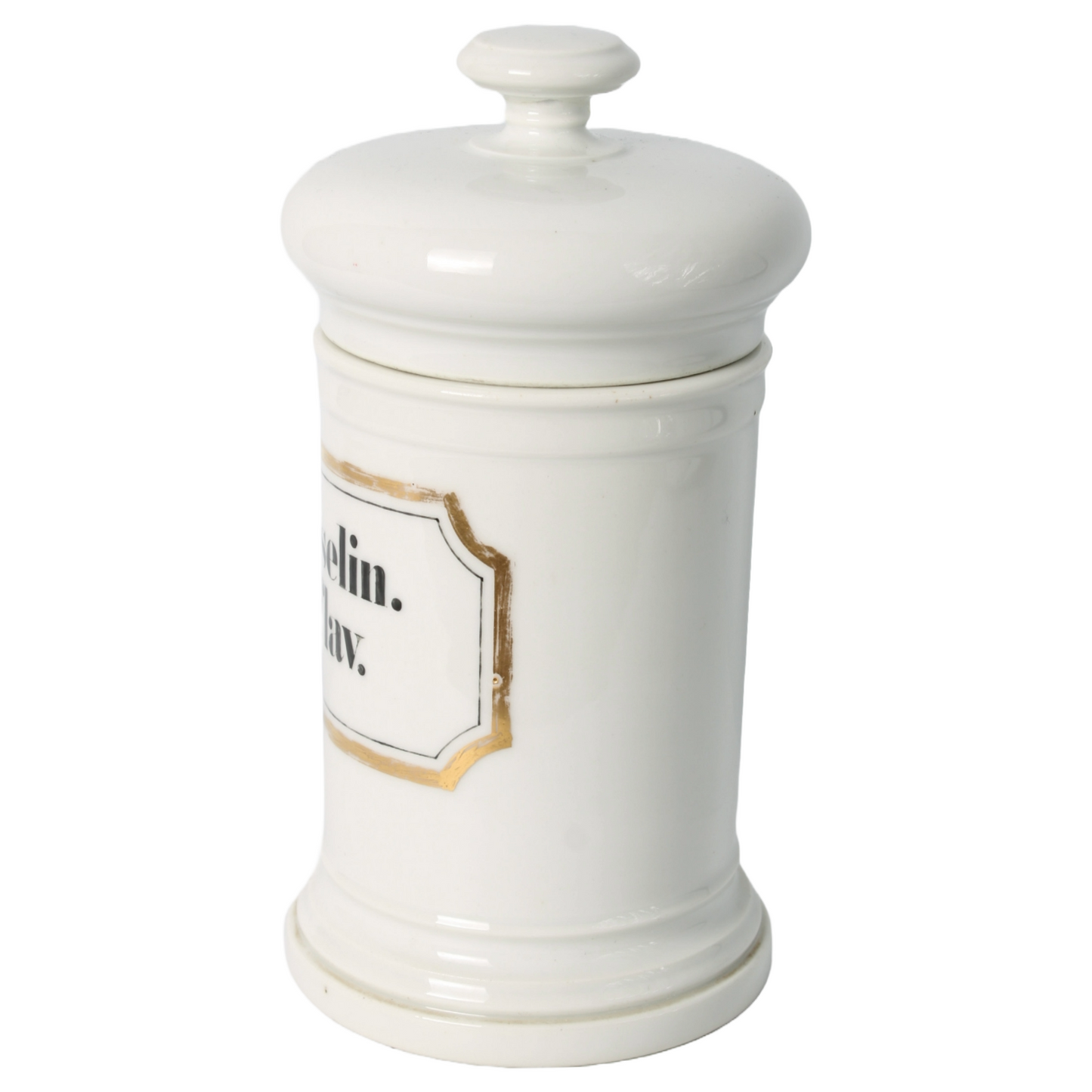Vintage Apothecary Jar with "Vaselin. flav." Inscription and Gold Detailing