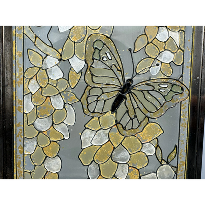 Vintage Hand-Painted Glass Panel, Butterfly and Floral Motif, Unique 1960s Artwo