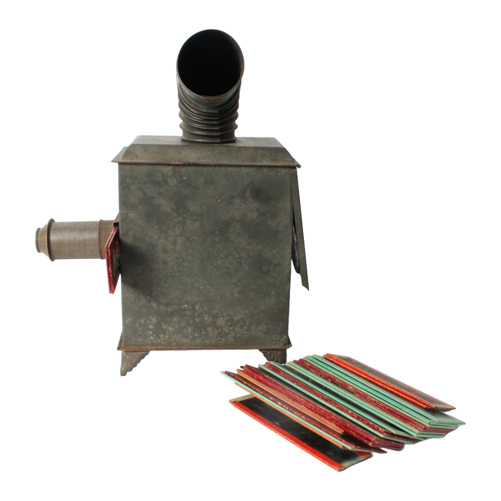Antique Magic Lantern with Glass Slides, 19th Century Oil Lamp Projector