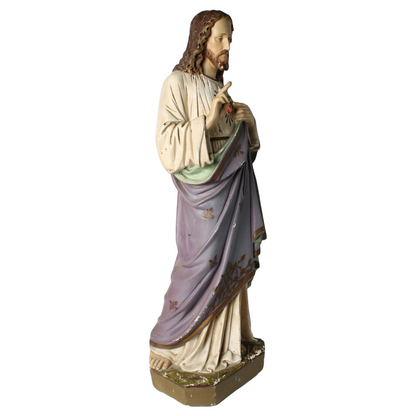 Antique Sacred Heart of Jesus Statue | Plaster | Hand-Painted | 1900-1925 | 65cm