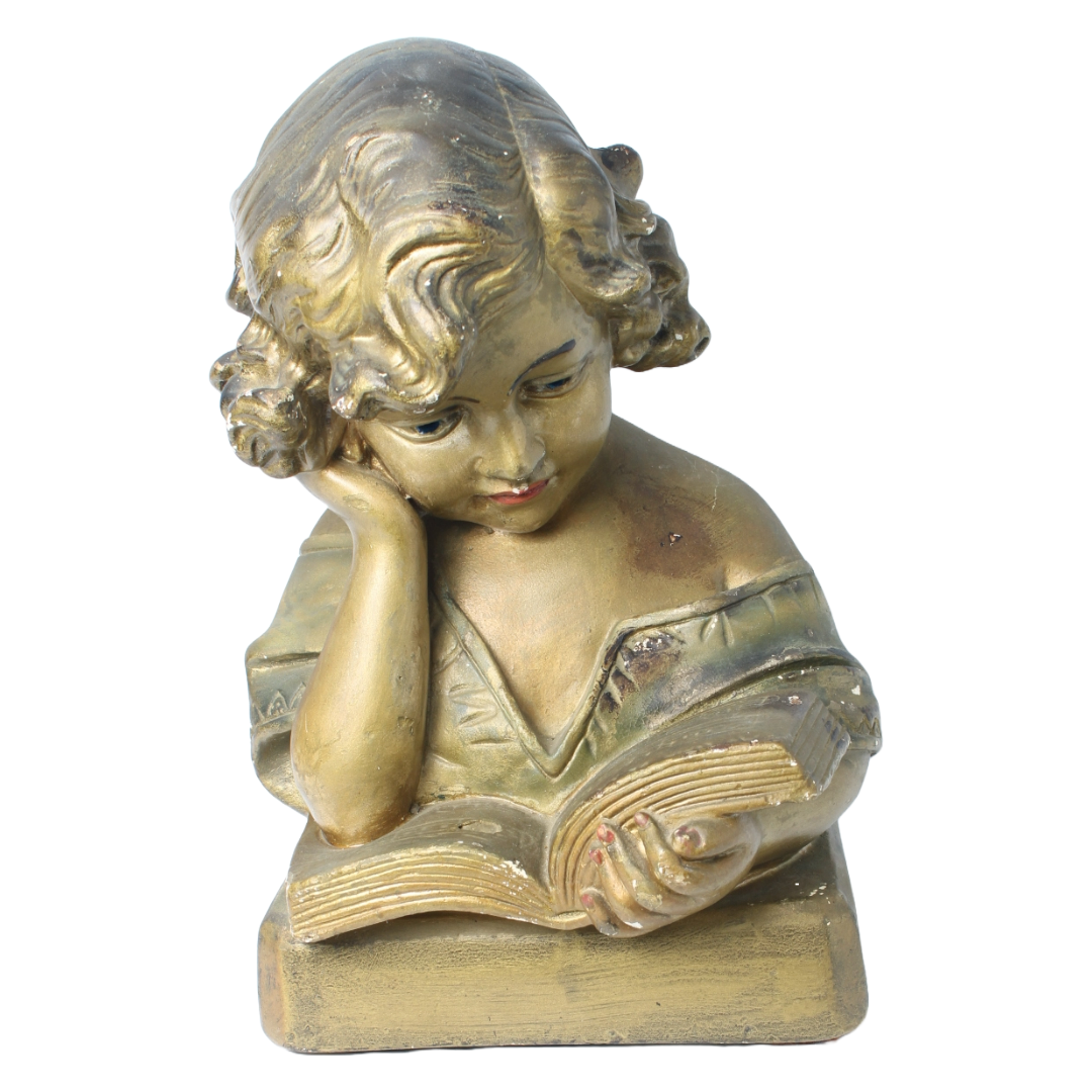 Antique Sculpture of Reading Girl ca. 1920-1940 | Gilded Plaster Composite |