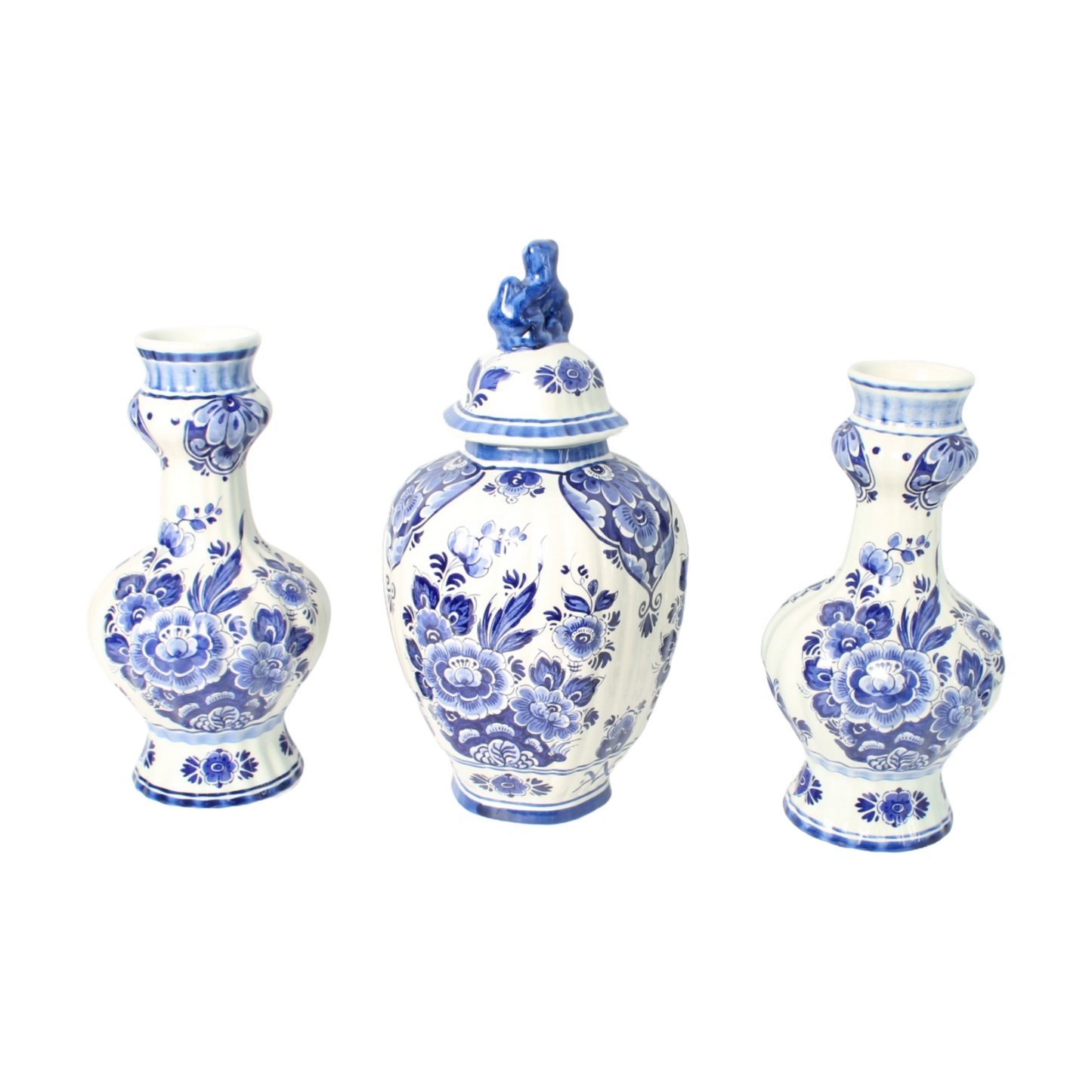 Hand-Painted Delft Blue Vase Set by Flora/Royal Goedewaagen, Mid-20th Century,