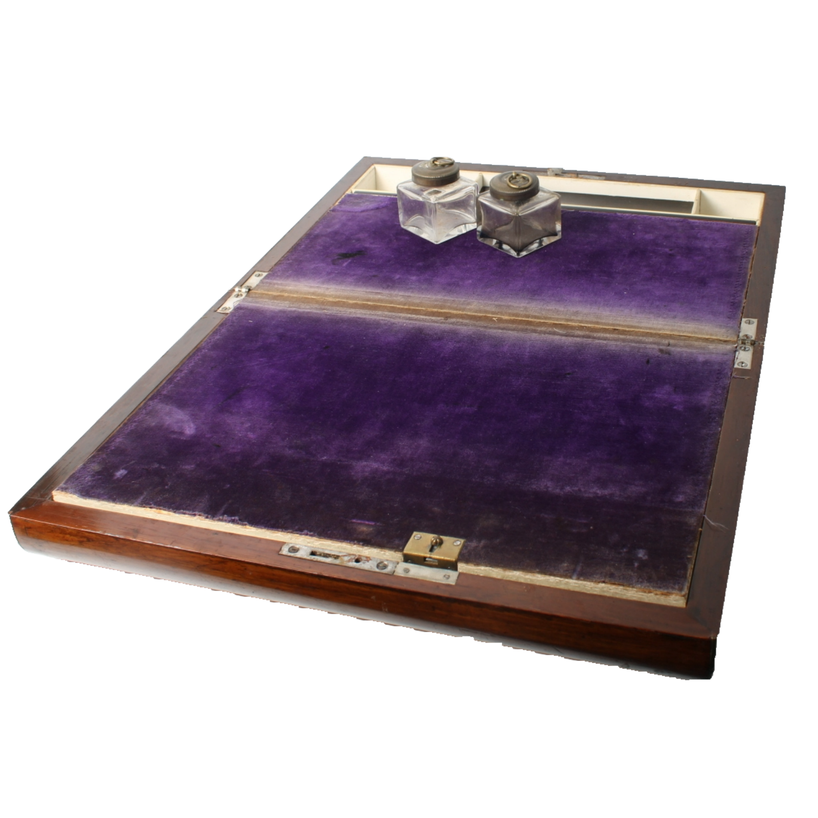 Antique Writing Slope – Wooden 19th Century Writing Box with Purple Velvet Inter