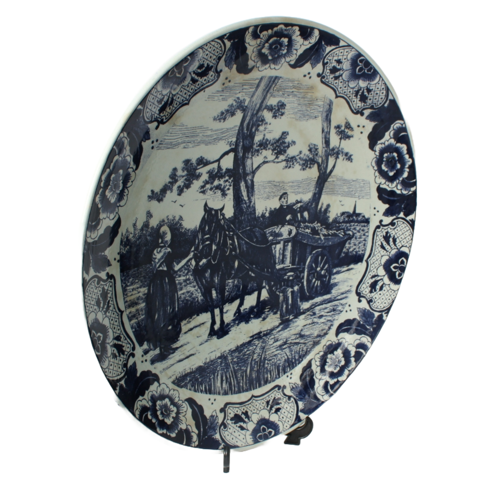 Authentic Chemkefa Delft Blue Decorative Plate with Rural Scene, Horse and Cart,