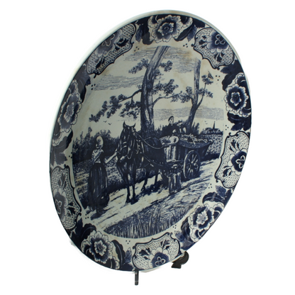 Authentic Chemkefa Delft Blue Decorative Plate with Rural Scene, Horse and Cart,