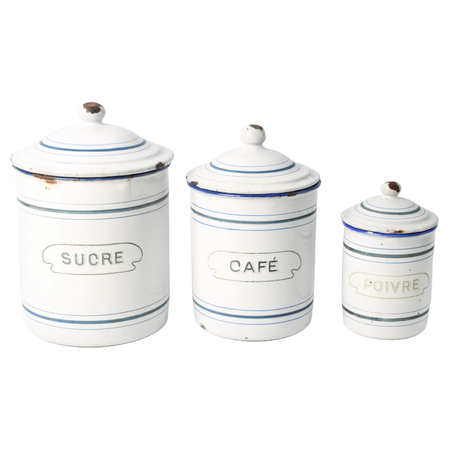 Set of Three Antique Enamel Canisters – "Sucre", "Café", and "Poivre"