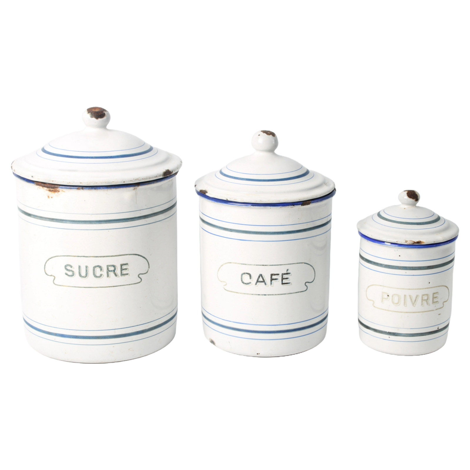 Set of Three Antique Enamel Canisters – "Sucre", "Café", and "Poivre"