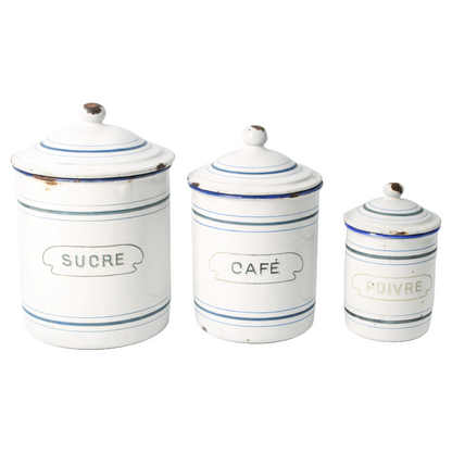 Set of Three Antique Enamel Canisters – "Sucre", "Café", and "Poivre"