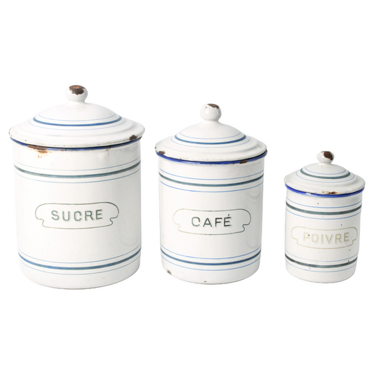 Set of Three Antique Enamel Canisters – "Sucre", "Café", and "Poivre"