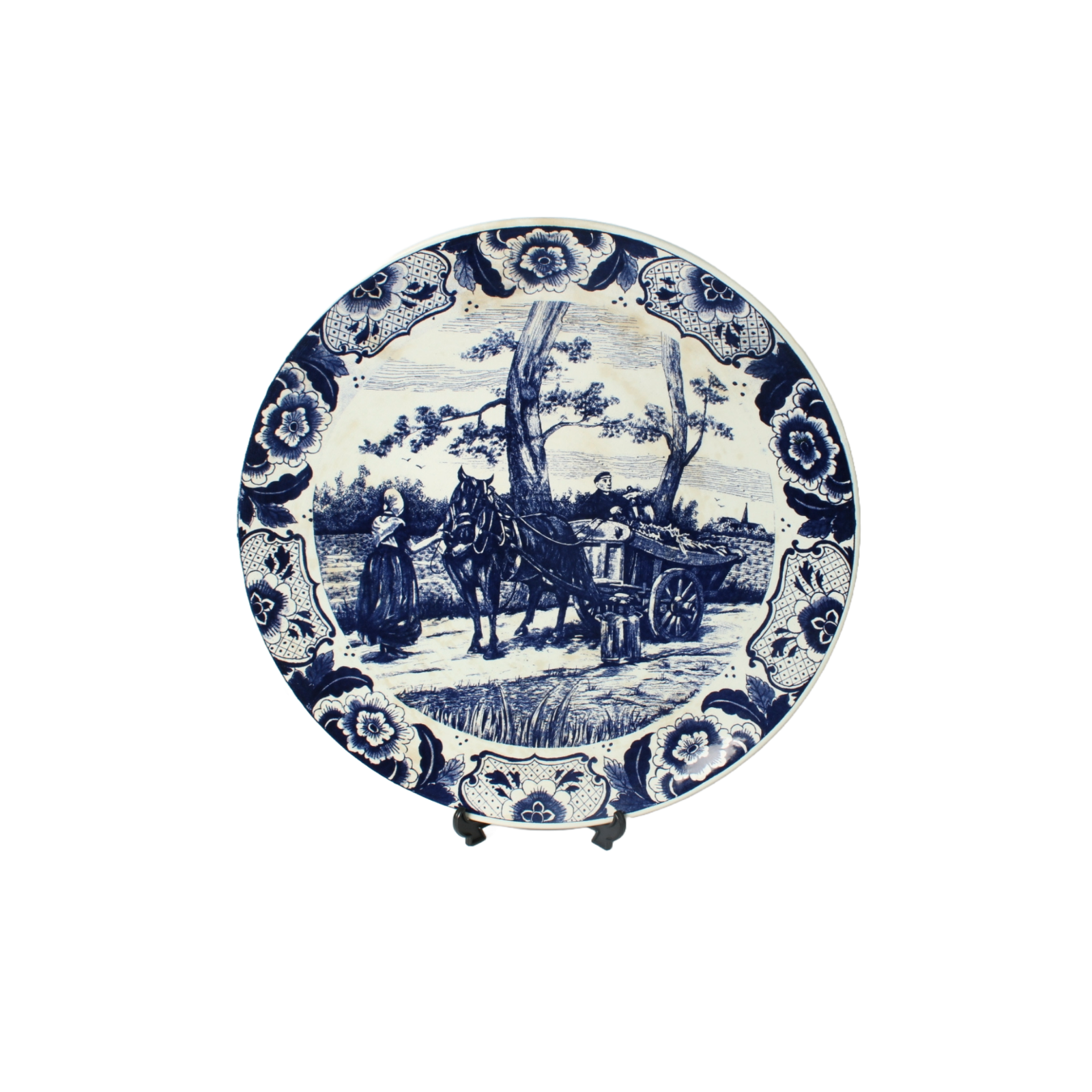 Authentic Chemkefa Delft Blue Decorative Plate with Rural Scene, Horse and Cart,