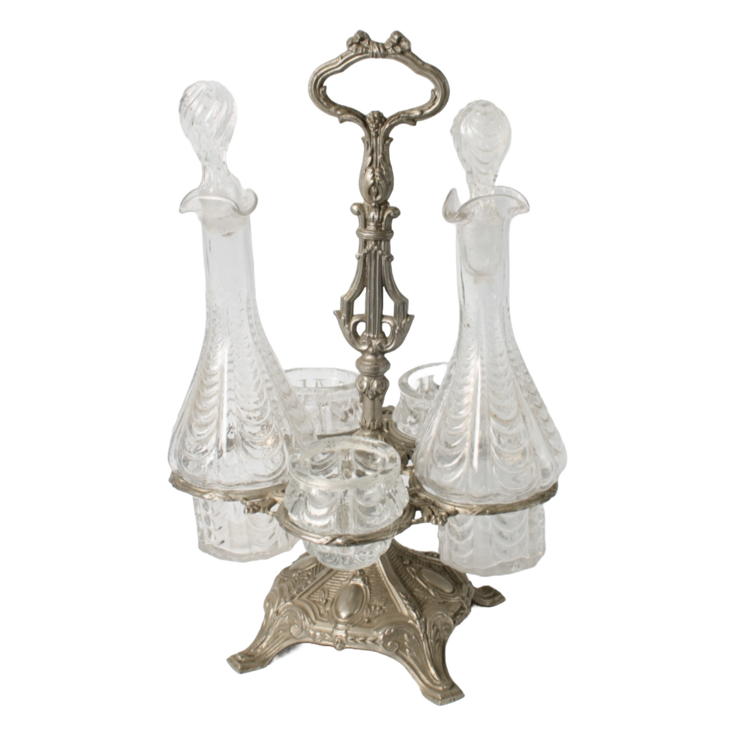 Antique French Silver-Plated Cruet Set with Crystal Bottles, Circa 1880-1900