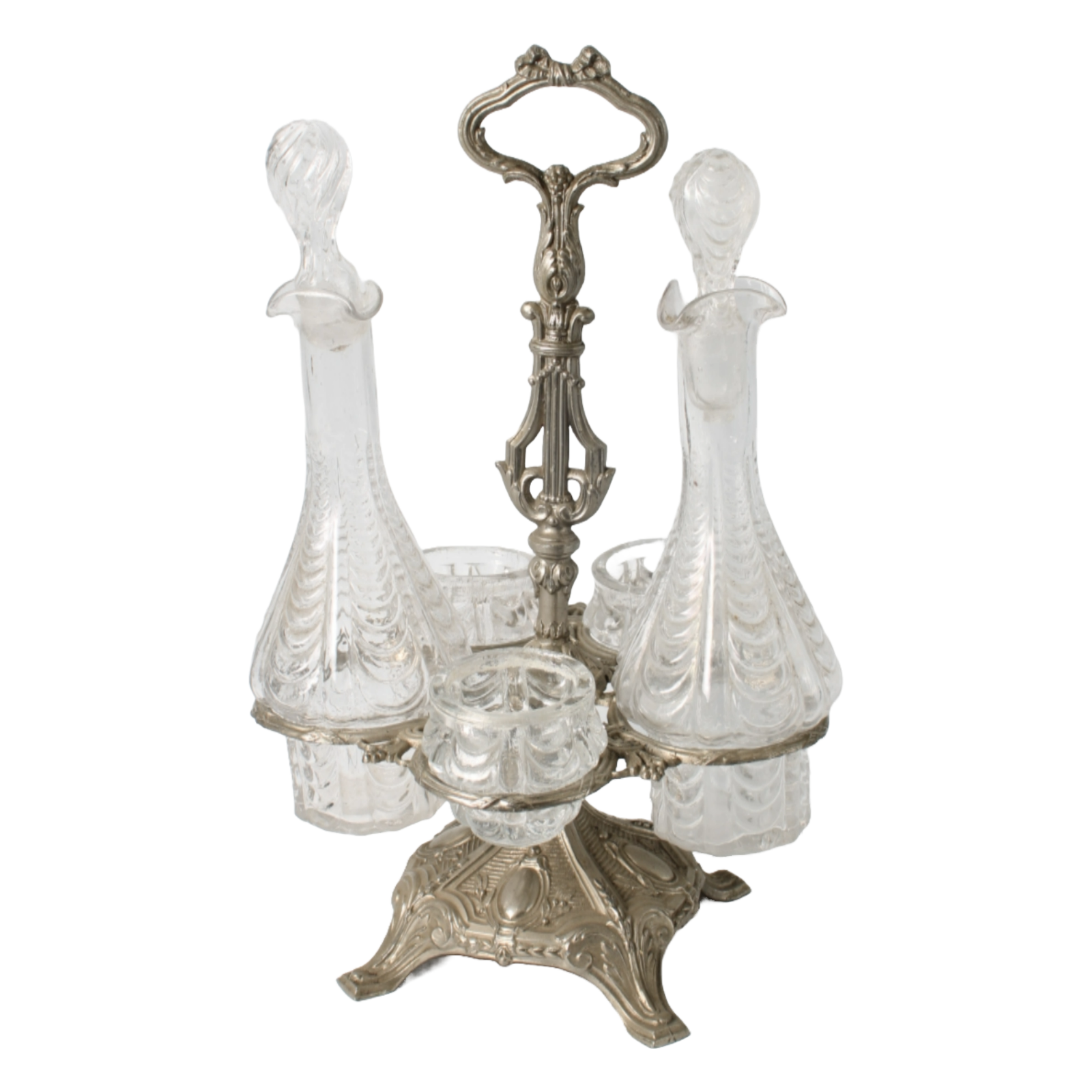 Antique French Silver-Plated Cruet Set with Crystal Bottles, Circa 1880-1900