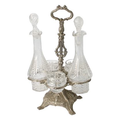 Antique French Silver-Plated Cruet Set with Crystal Bottles, Circa 1880-1900