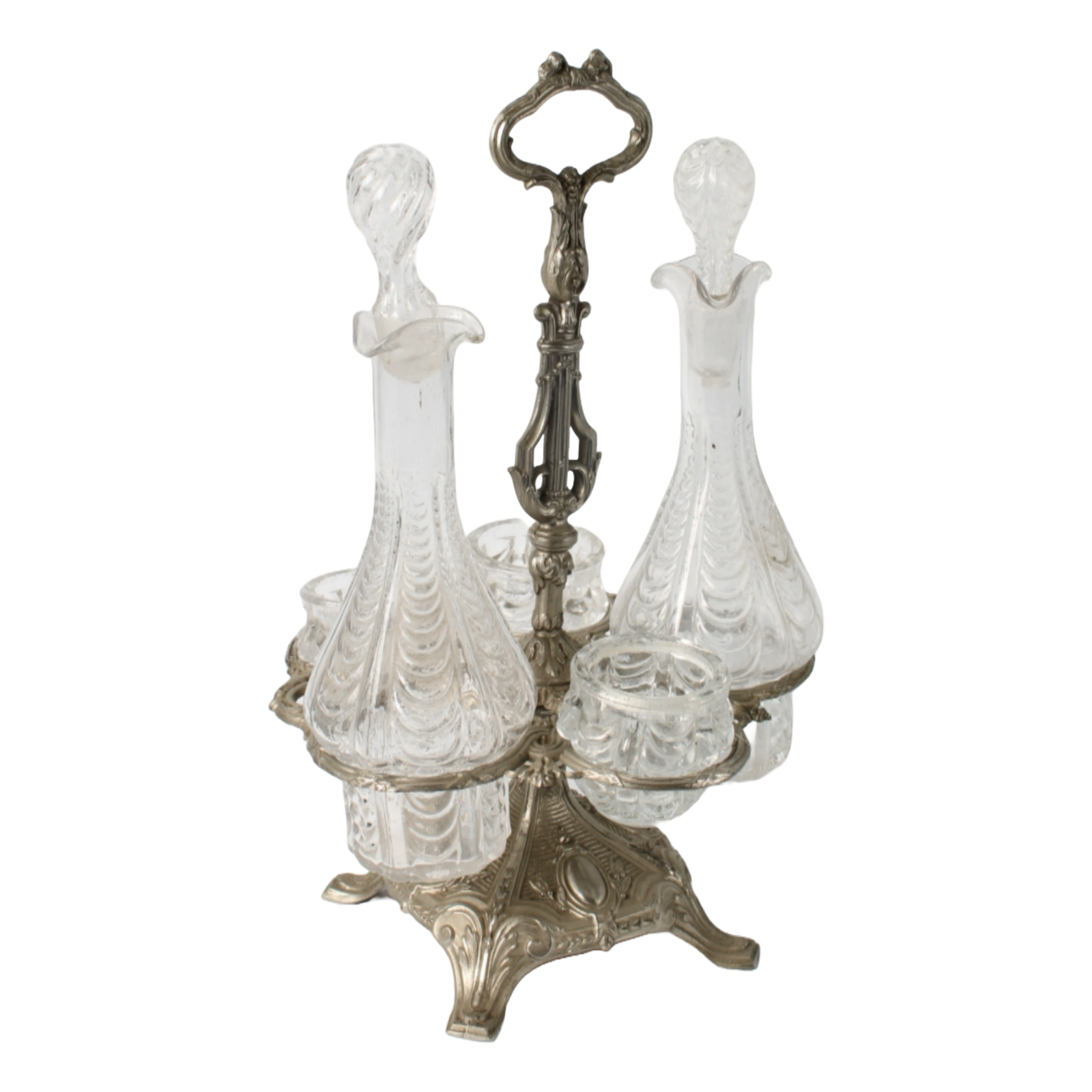Antique French Silver-Plated Cruet Set with Crystal Bottles, Circa 1880-1900
