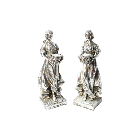 Classic Pair of Candle Holders | Silver-Colored Female Statues | Decoration