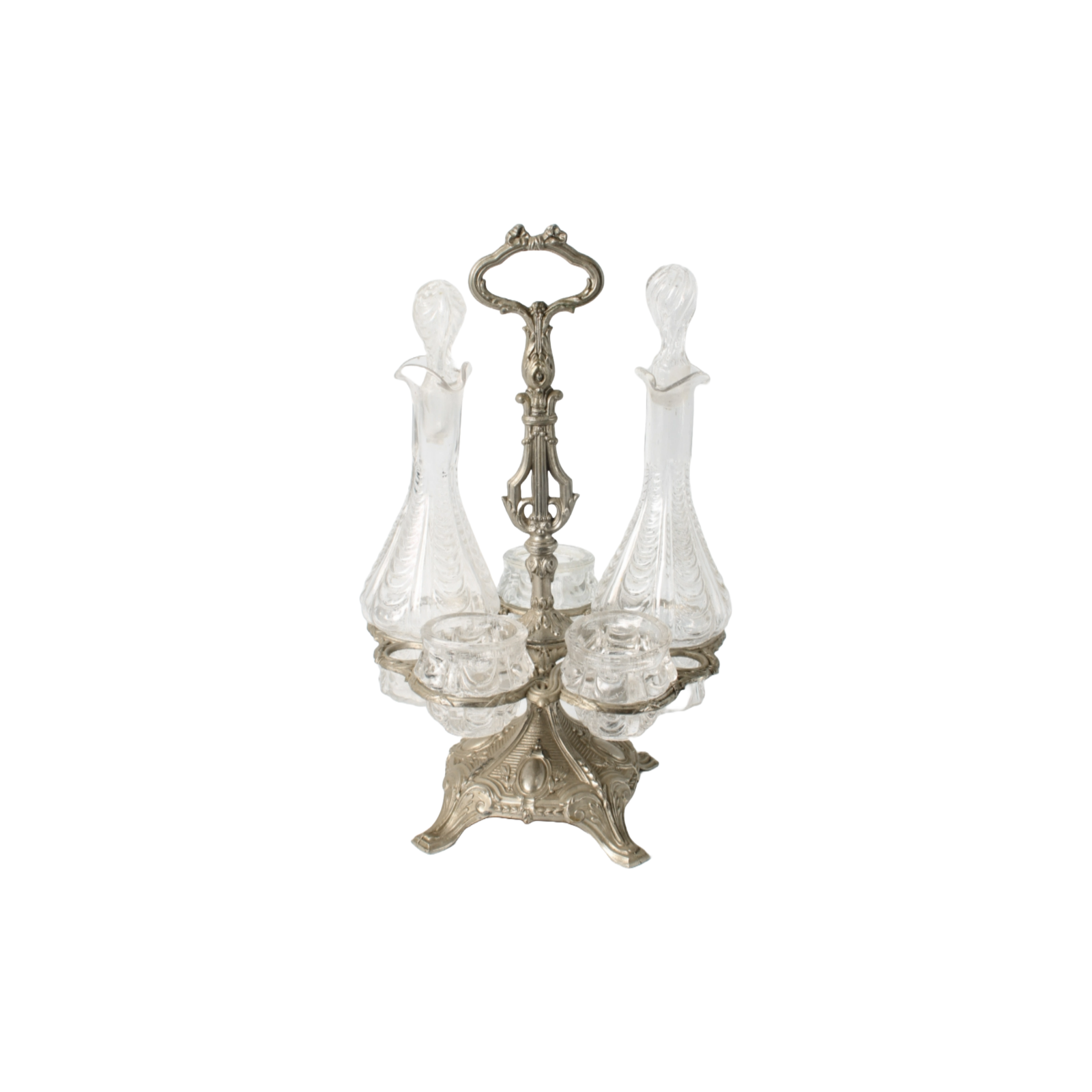 Antique French Silver-Plated Cruet Set with Crystal Bottles, Circa 1880-1900
