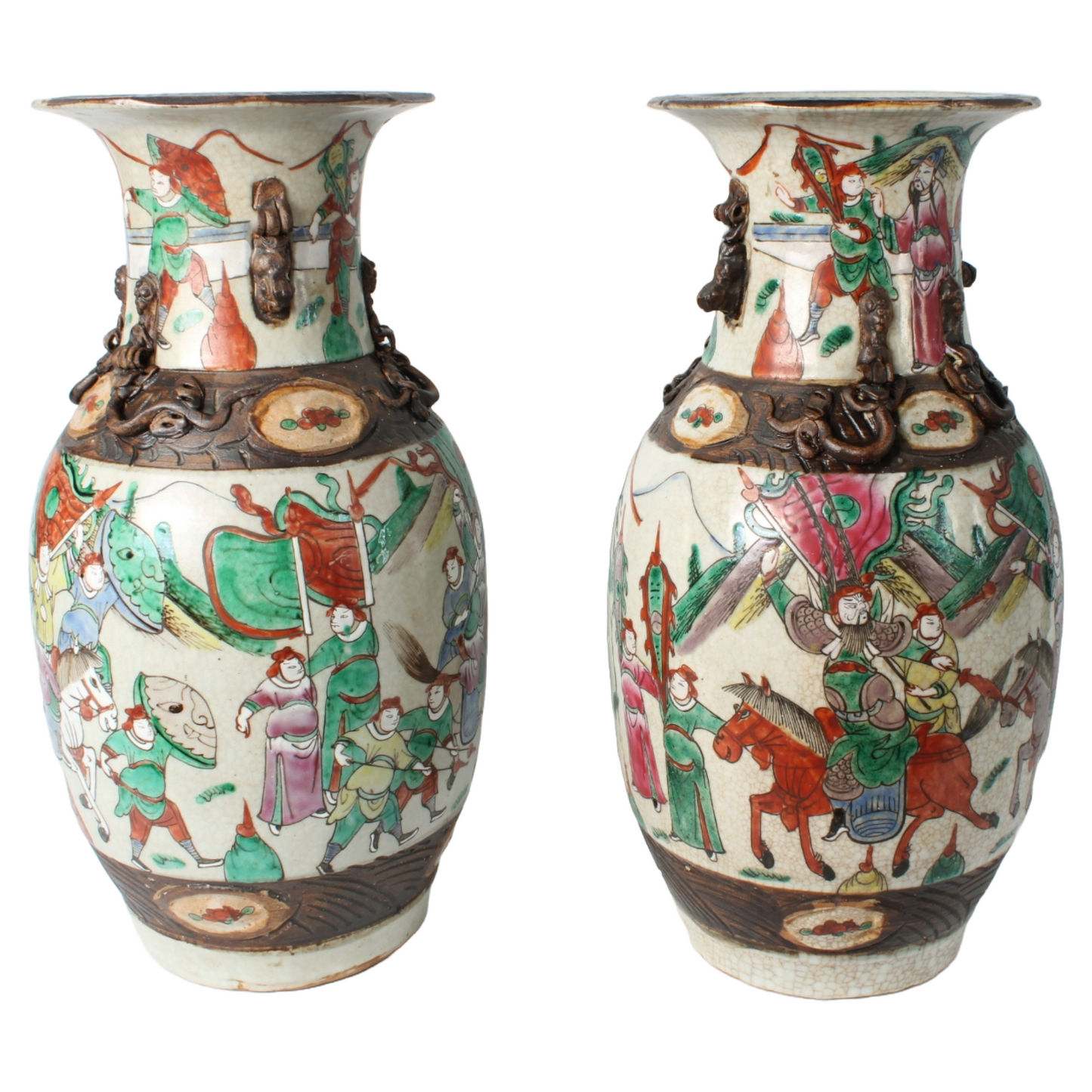 Rare Pair of Antique Chinese Temple Vases in Porcelain with Warrior and Relief
