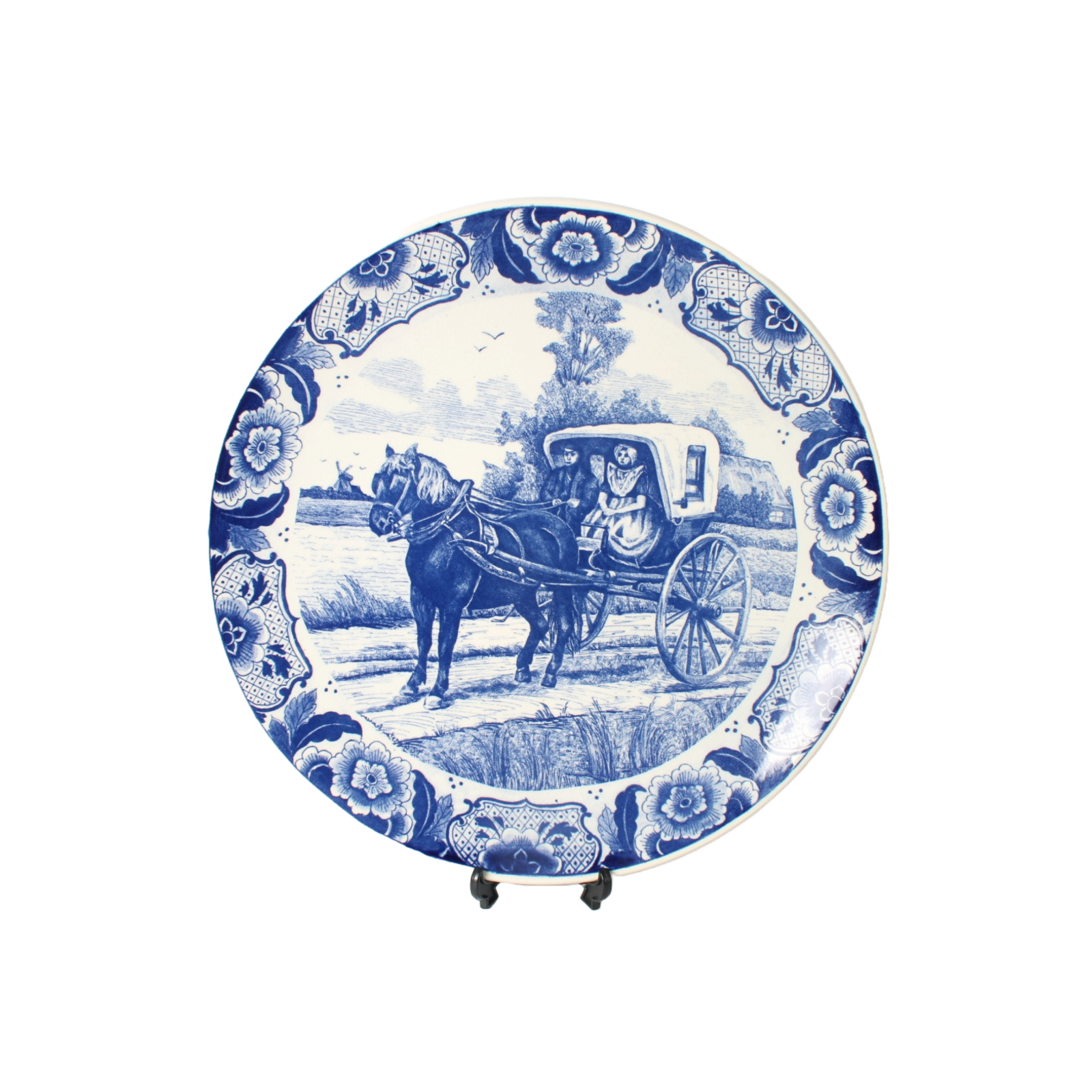 Large Hand-Painted Delft Blue Chemkefa Plate with Horse and Carriage Scene