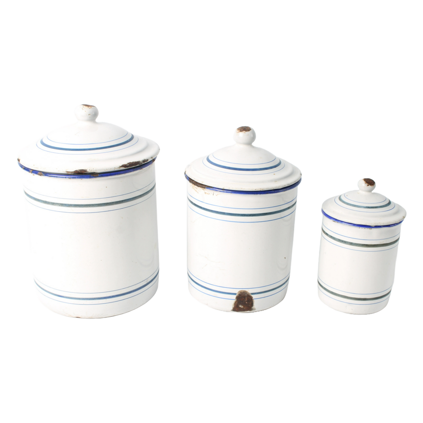 Set of Three Antique Enamel Canisters – "Sucre", "Café", and "Poivre"