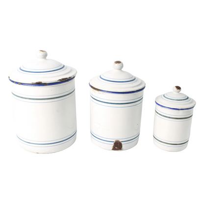 Set of Three Antique Enamel Canisters – "Sucre", "Café", and "Poivre"