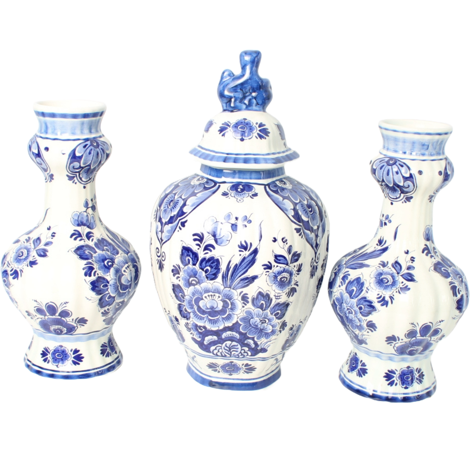 Hand-Painted Delft Blue Vase Set by Flora/Royal Goedewaagen, Mid-20th Century,