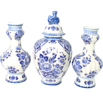 Hand-Painted Delft Blue Vase Set by Flora/Royal Goedewaagen, Mid-20th Century,