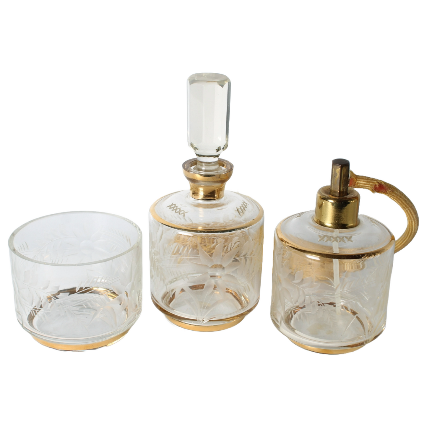 Antique Art Deco Perfume Set | Etched Glass with Gilding | Luxury Vanity
