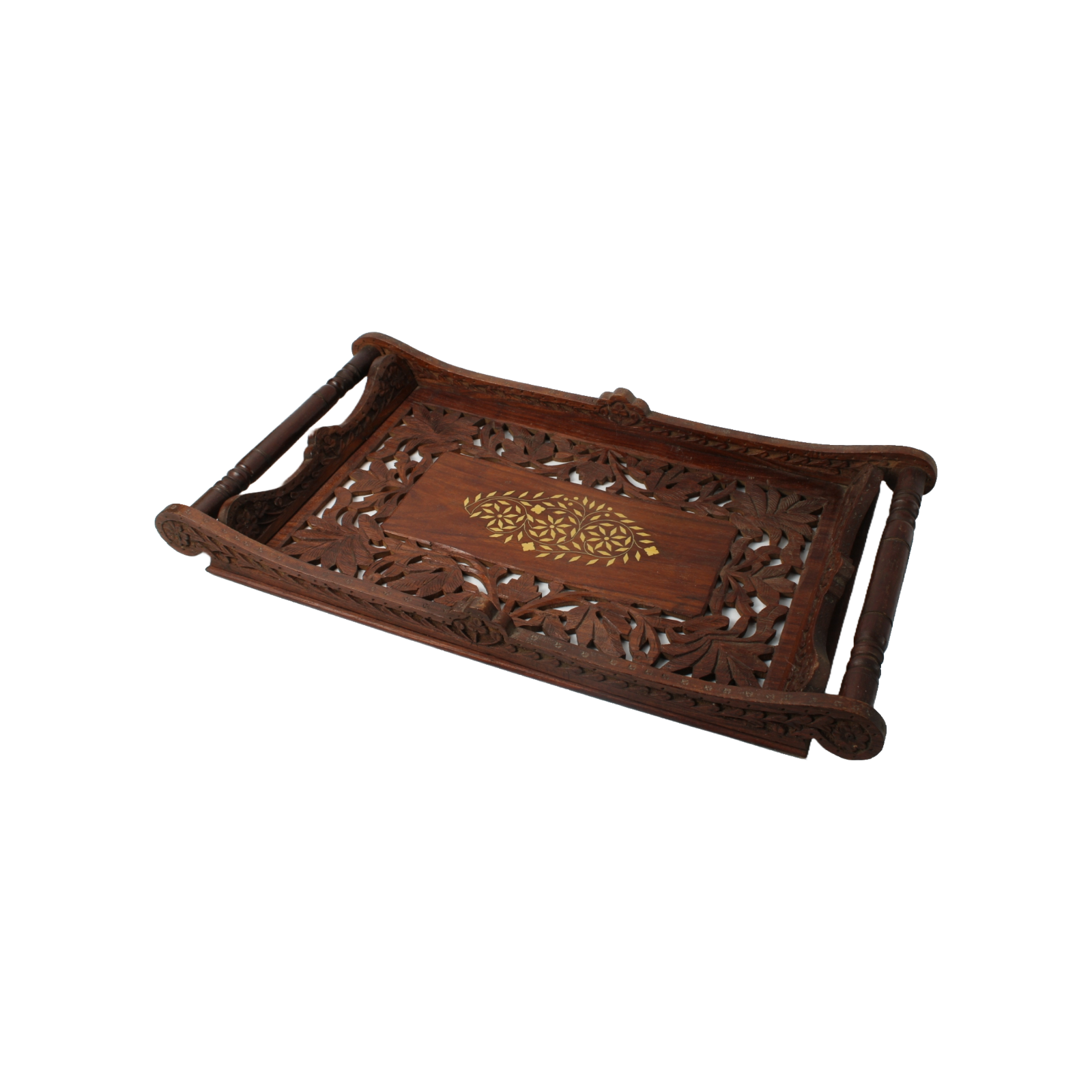 Handmade Indian Wooden Tray with Brass Inlay, Intricate Floral Carving, Decorati
