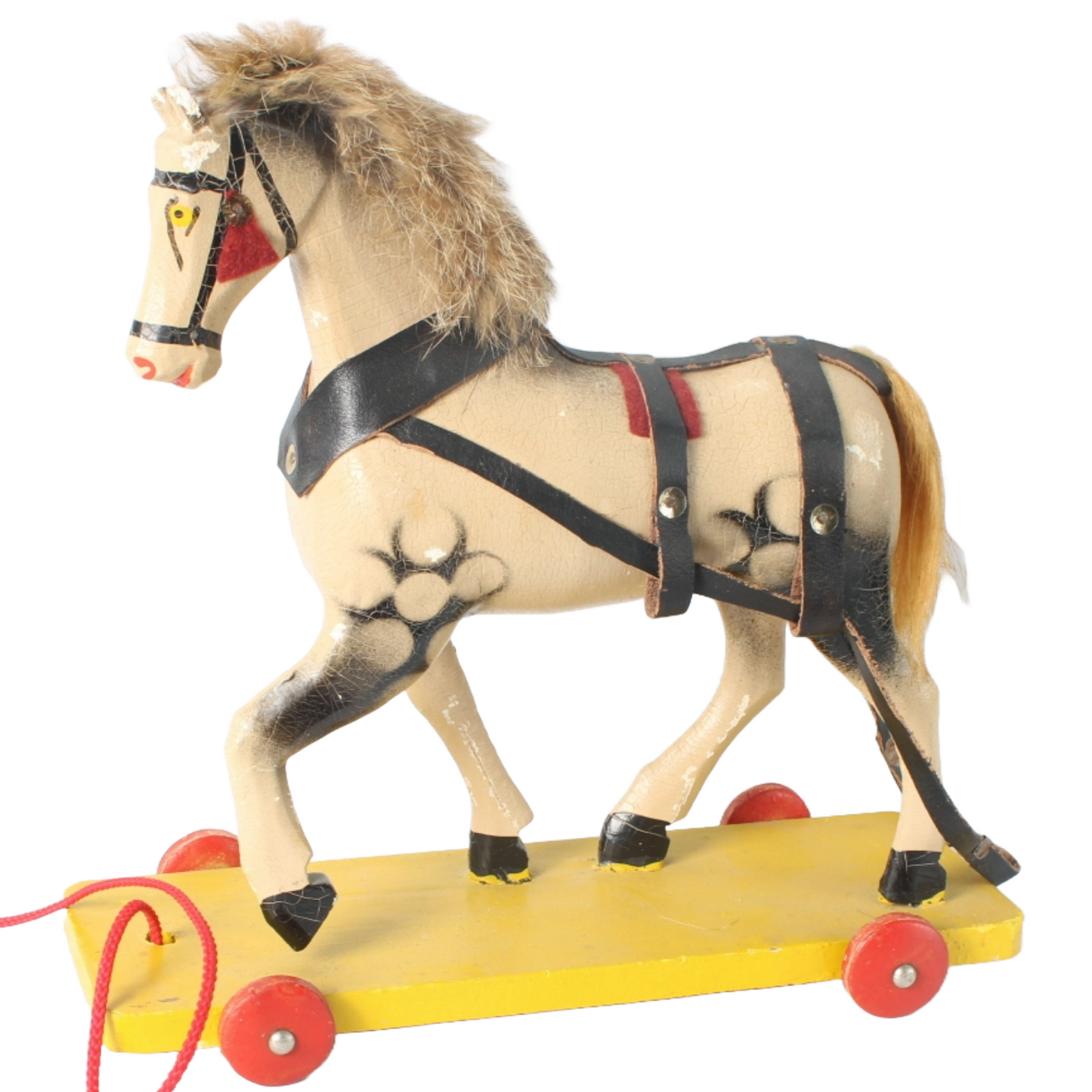 Vintage Handcrafted Wooden Horse Pull Toy on Wheels, 1940s-1950s, Antique
