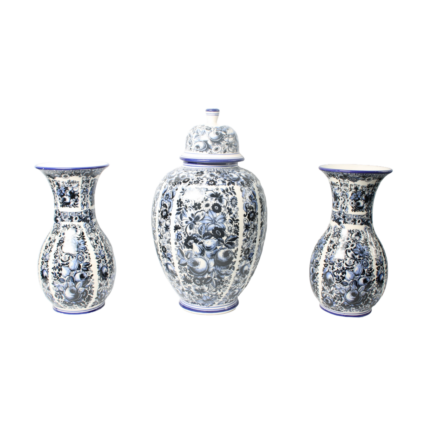 Set of Three Delft Blue Vases with Lidded Vase, Traditional Floral Motifs