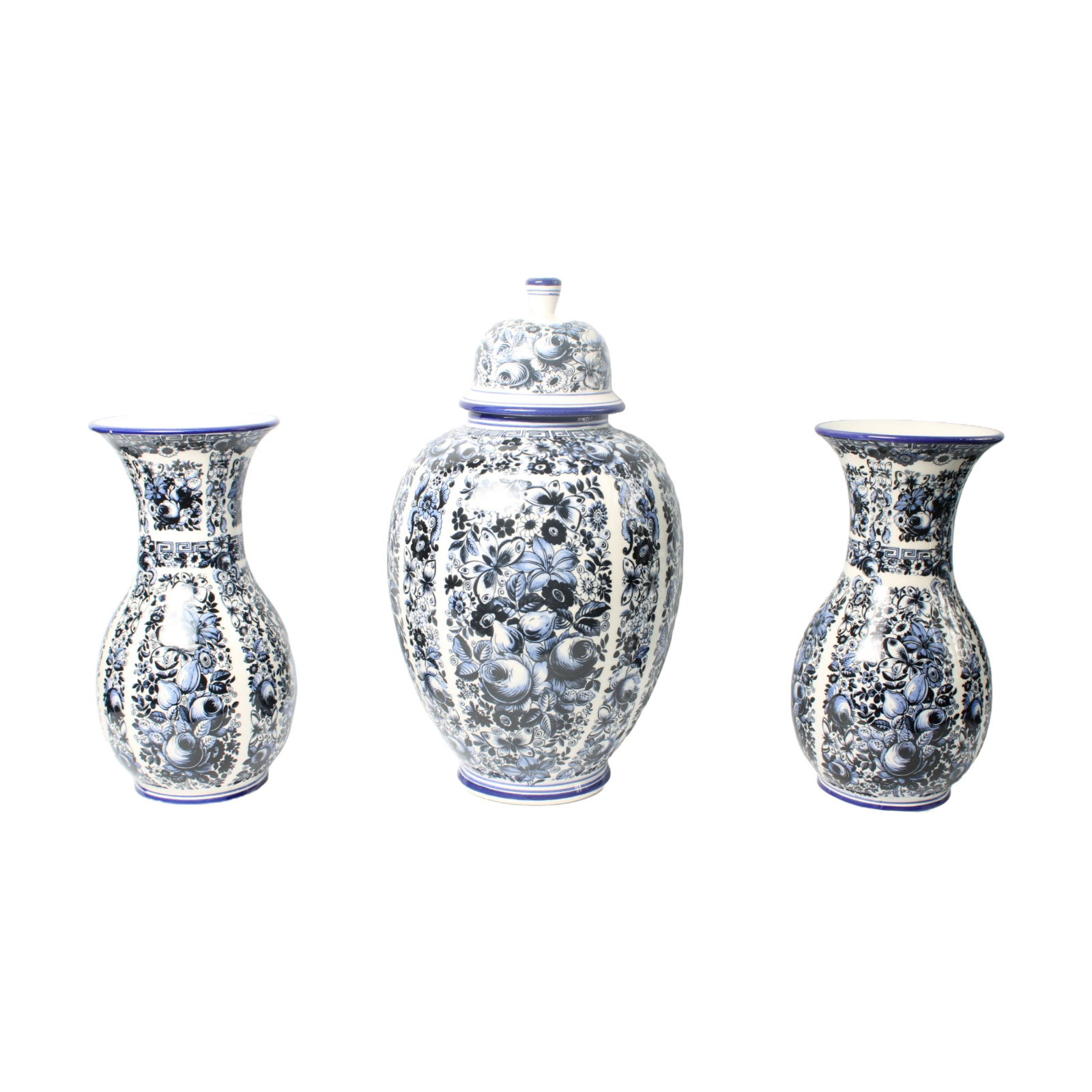 Set of Three Delft Blue Vases with Lidded Vase, Traditional Floral Motifs