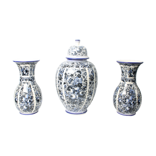 Set of Three Delft Blue Vases with Lidded Vase, Traditional Floral Motifs