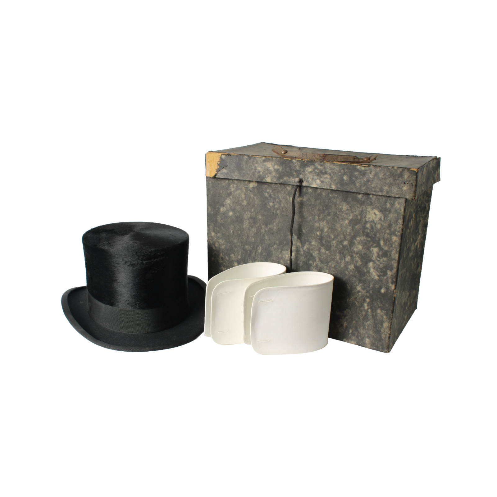 Antique Moleskin Top Hat with Original Storage Case & Detachable Cuffs