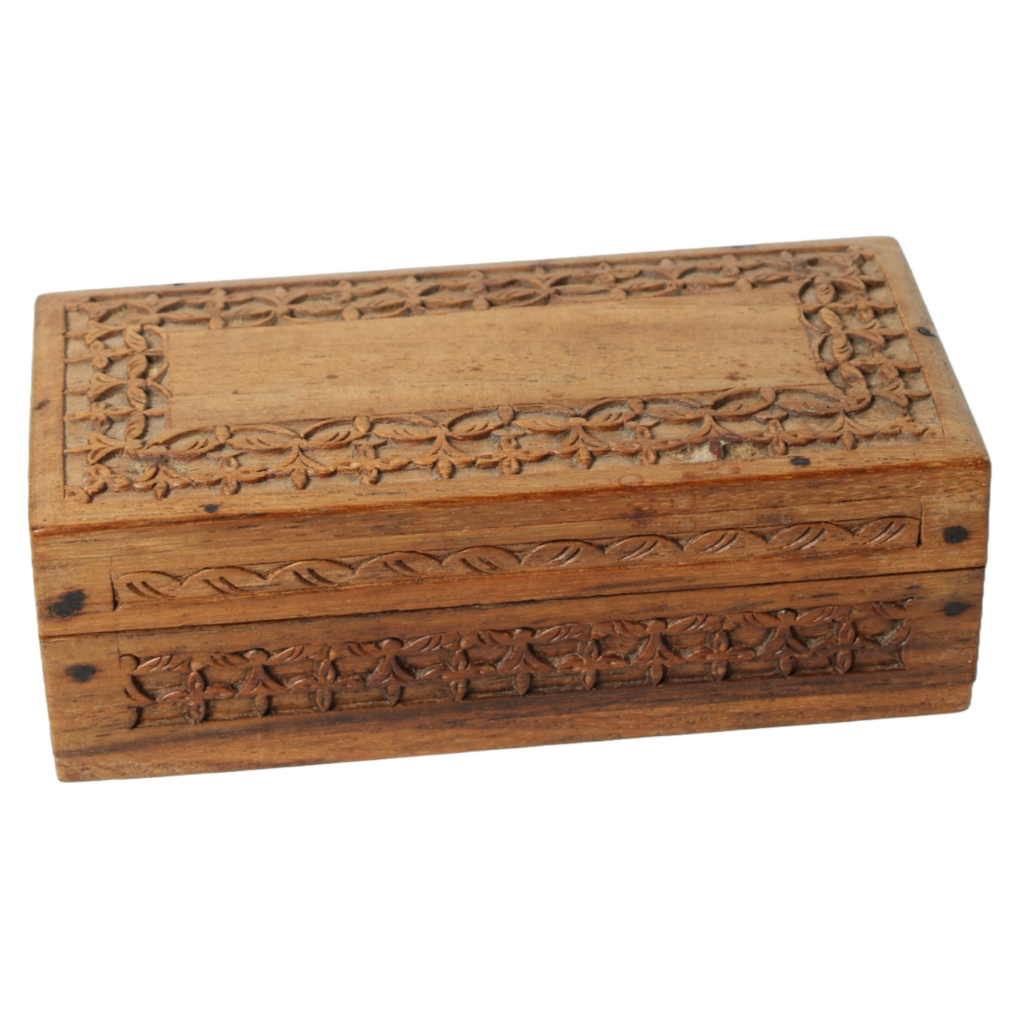 Hand-Carved Wooden Storage Box from India with Floral Motifs