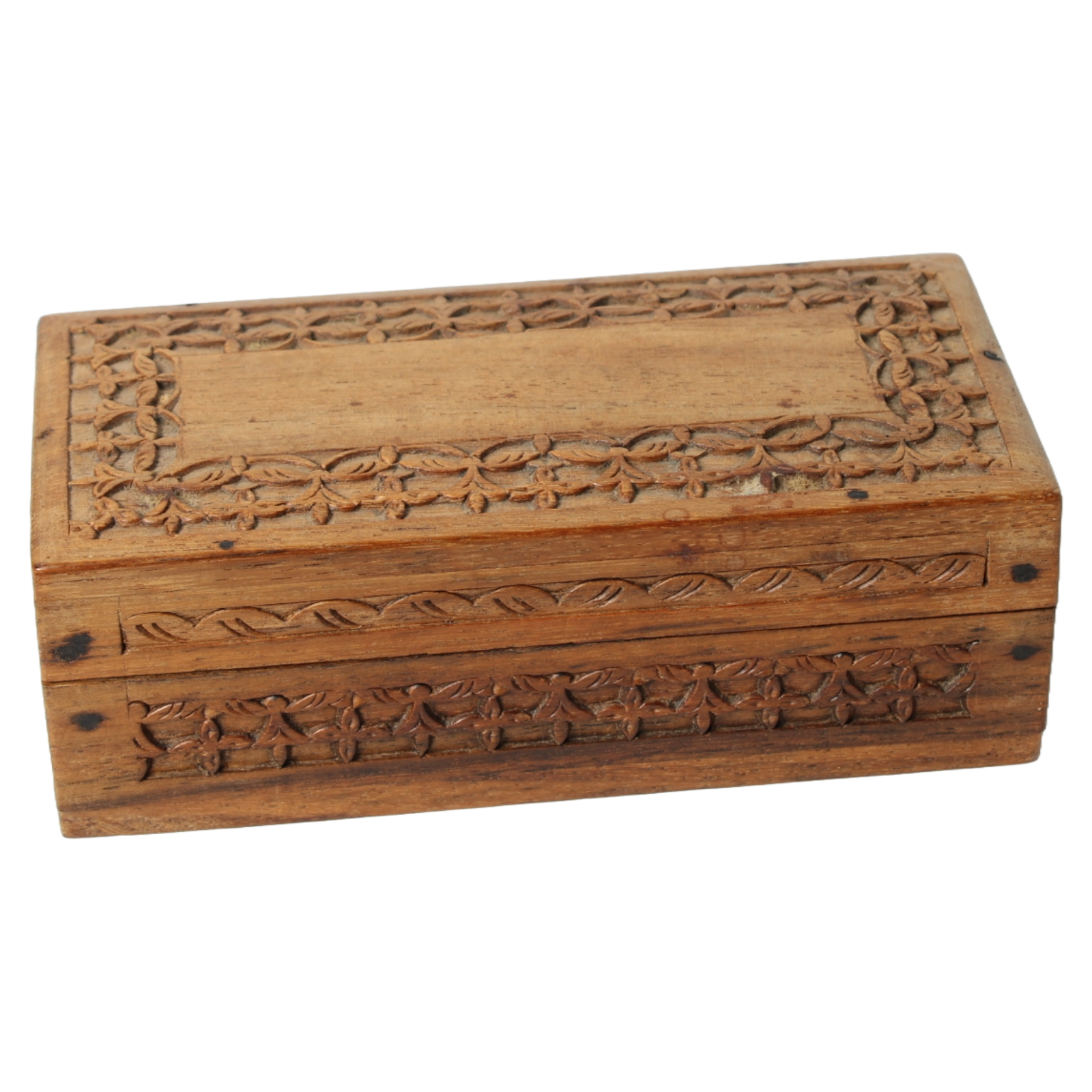 Hand-Carved Wooden Storage Box from India with Floral Motifs