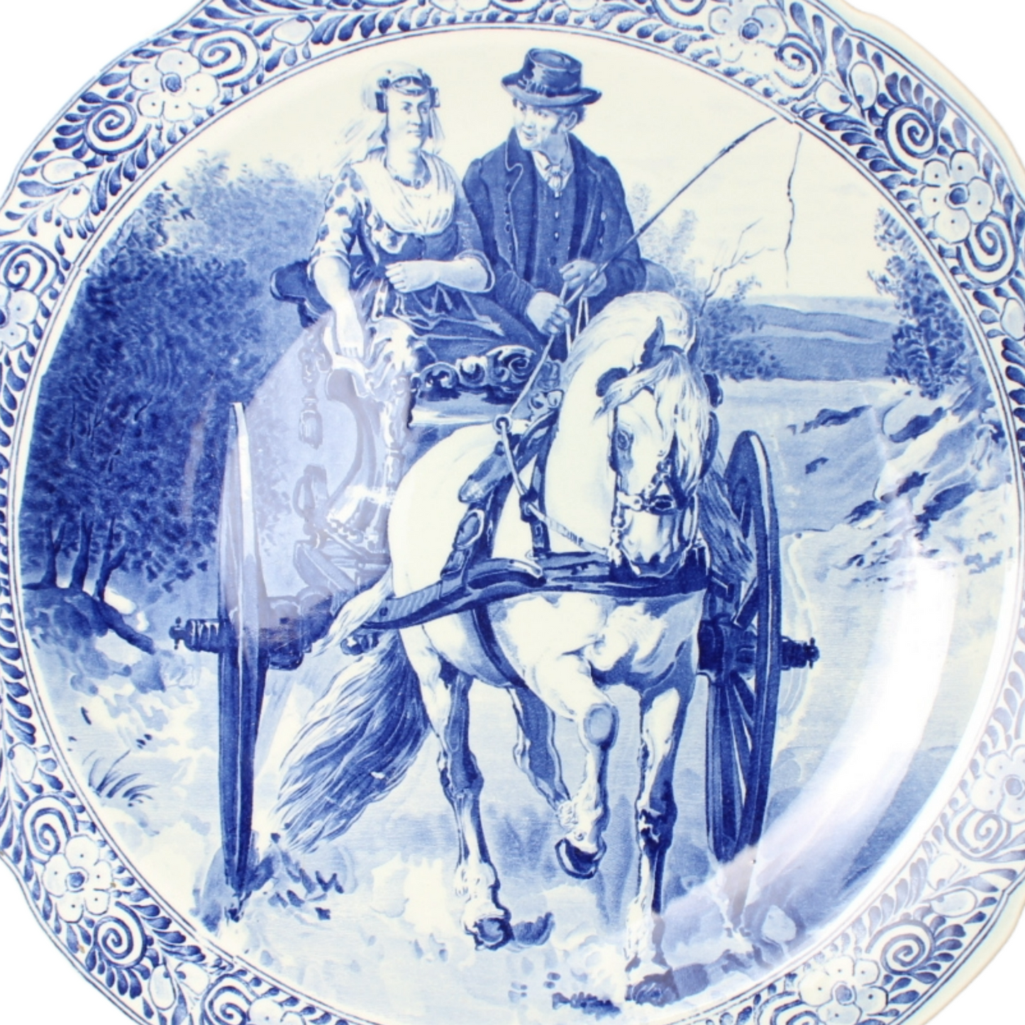 Antique Delft Blue Wall Plate with Horse and Carriage - Traditional Dutch Scene