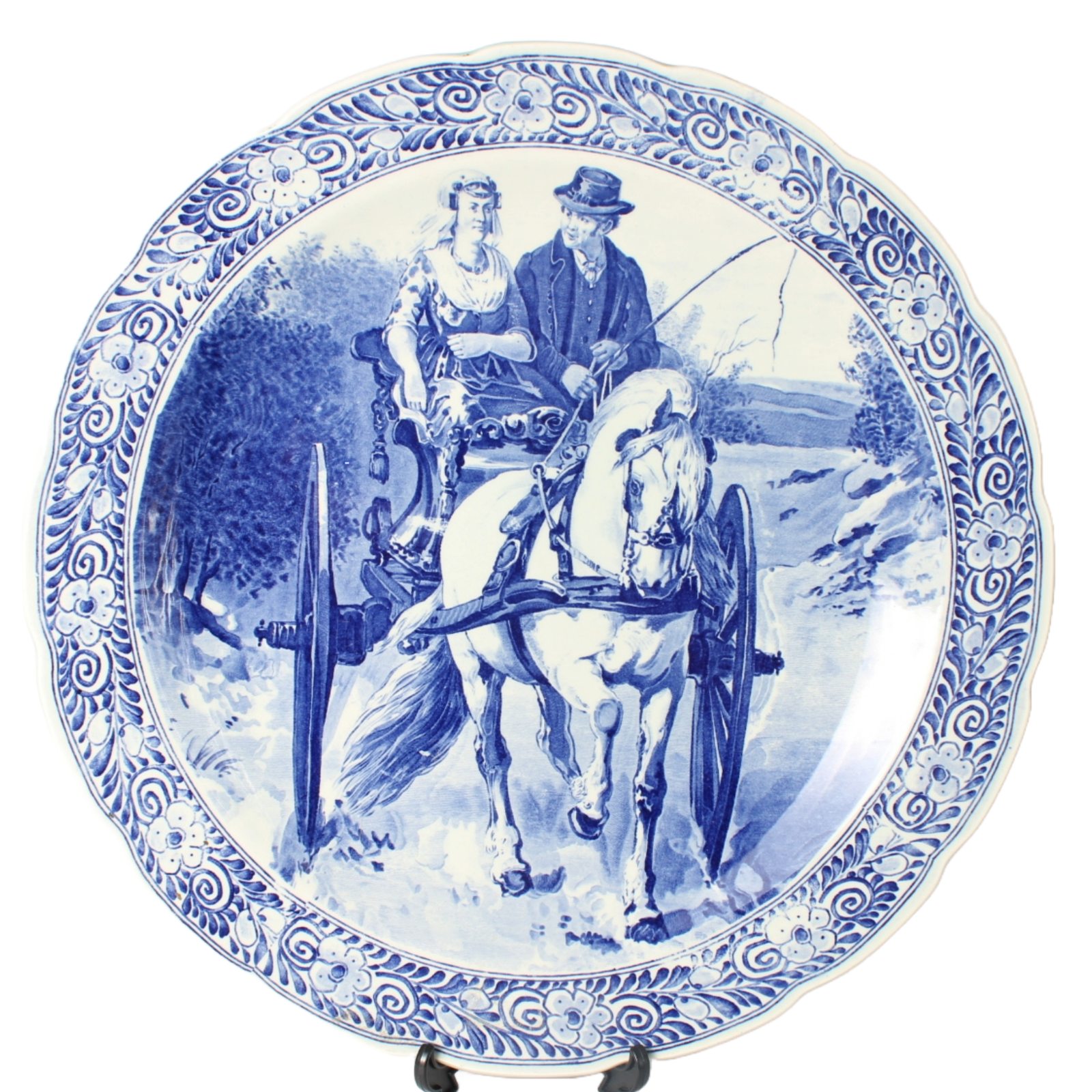 Antique Delft Blue Wall Plate with Horse and Carriage - Traditional Dutch Scene