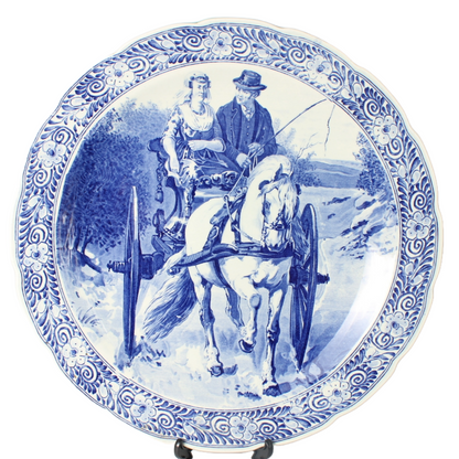 Antique Delft Blue Wall Plate with Horse and Carriage - Traditional Dutch Scene