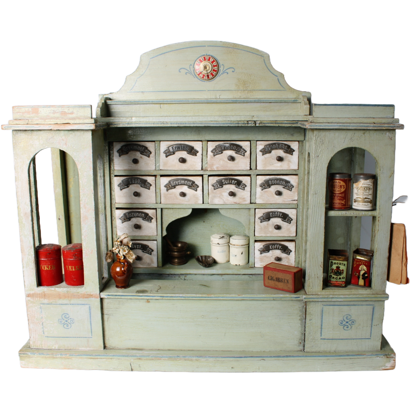 Antique Wooden Toy Grocery Store ca. 1900 with Original Drawers, Tins and Labels