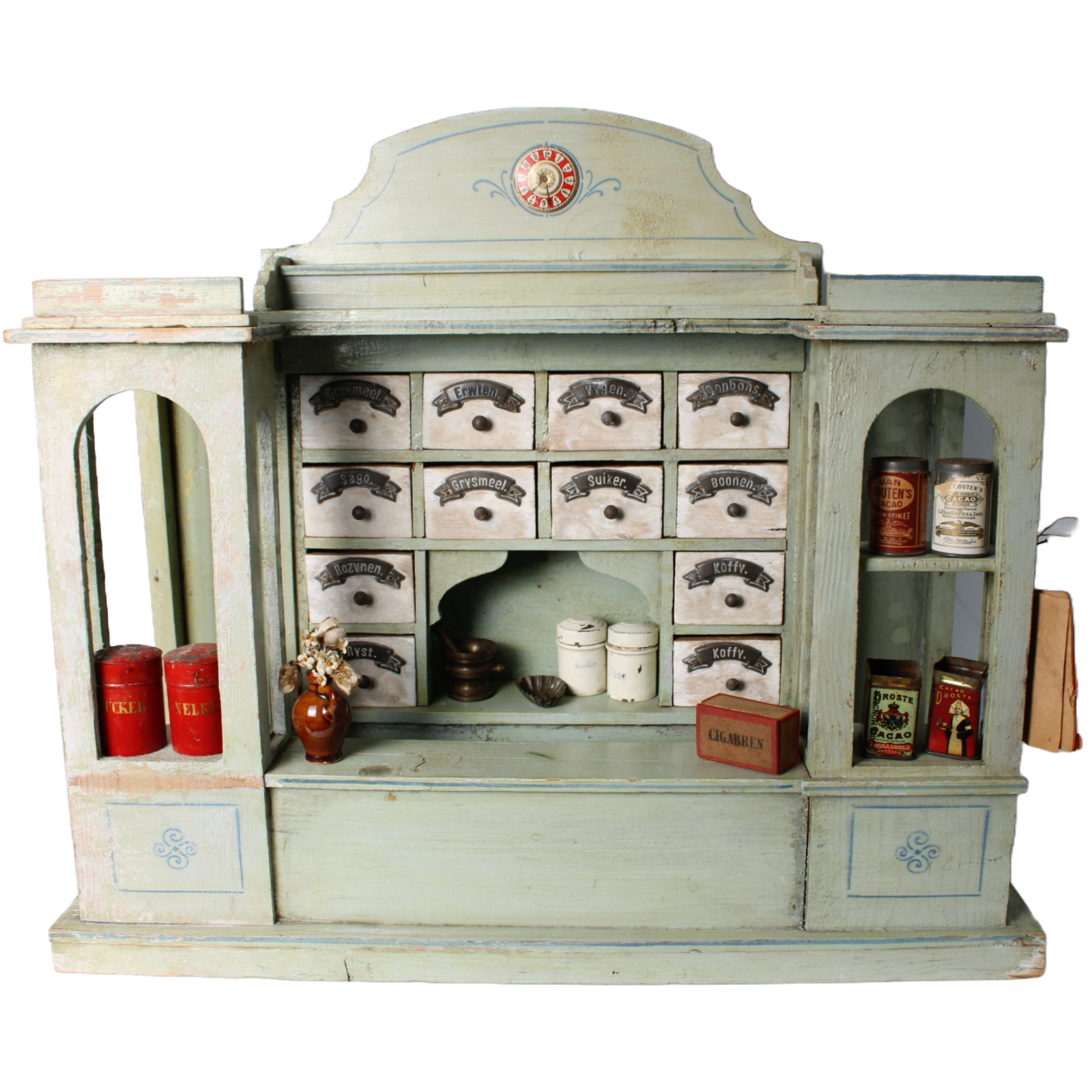 Antique Wooden Toy Grocery Store ca. 1900 with Original Drawers, Tins and Labels