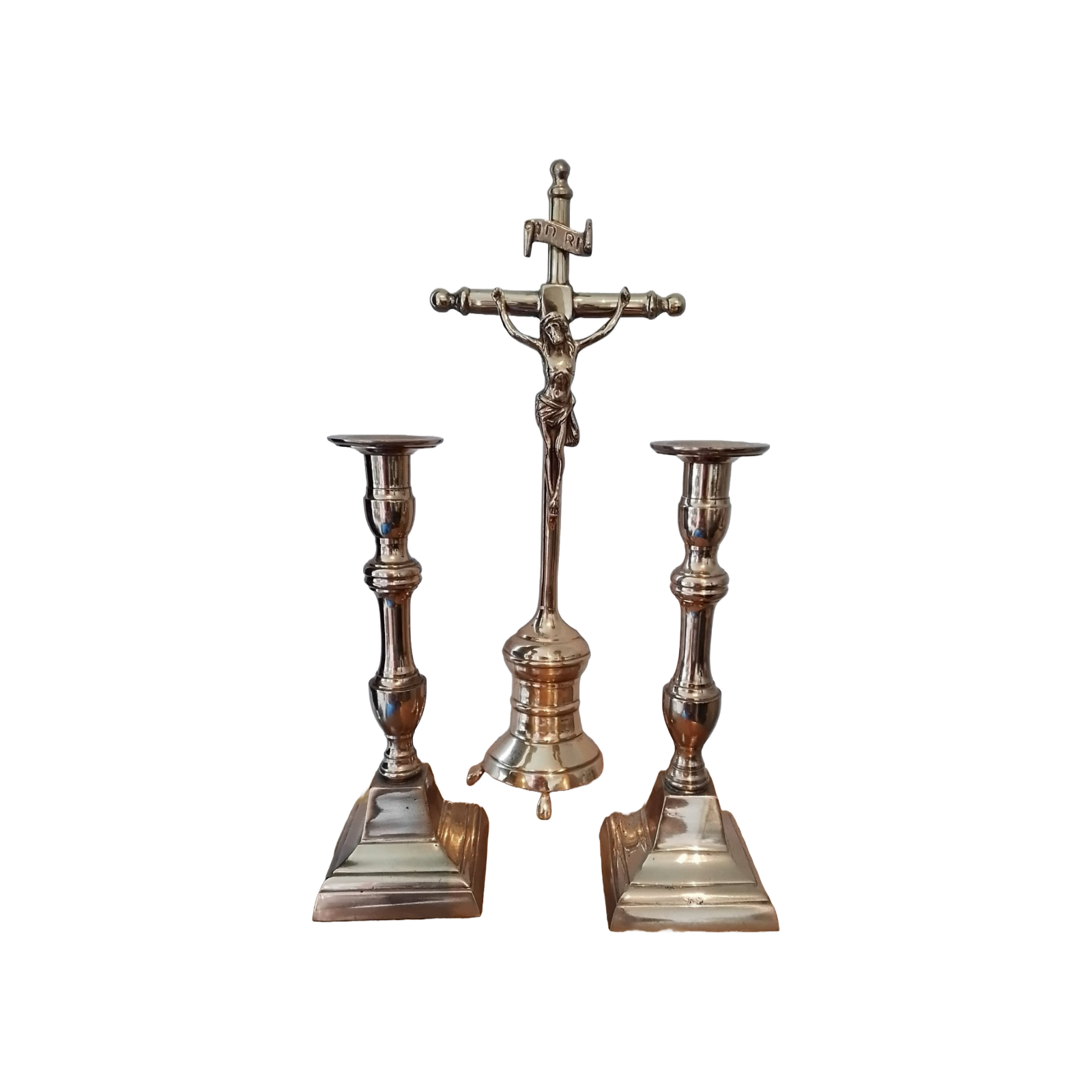 Beautiful Set of 2 Candlesticks and a Crucifix - Belgian Craftsmanship