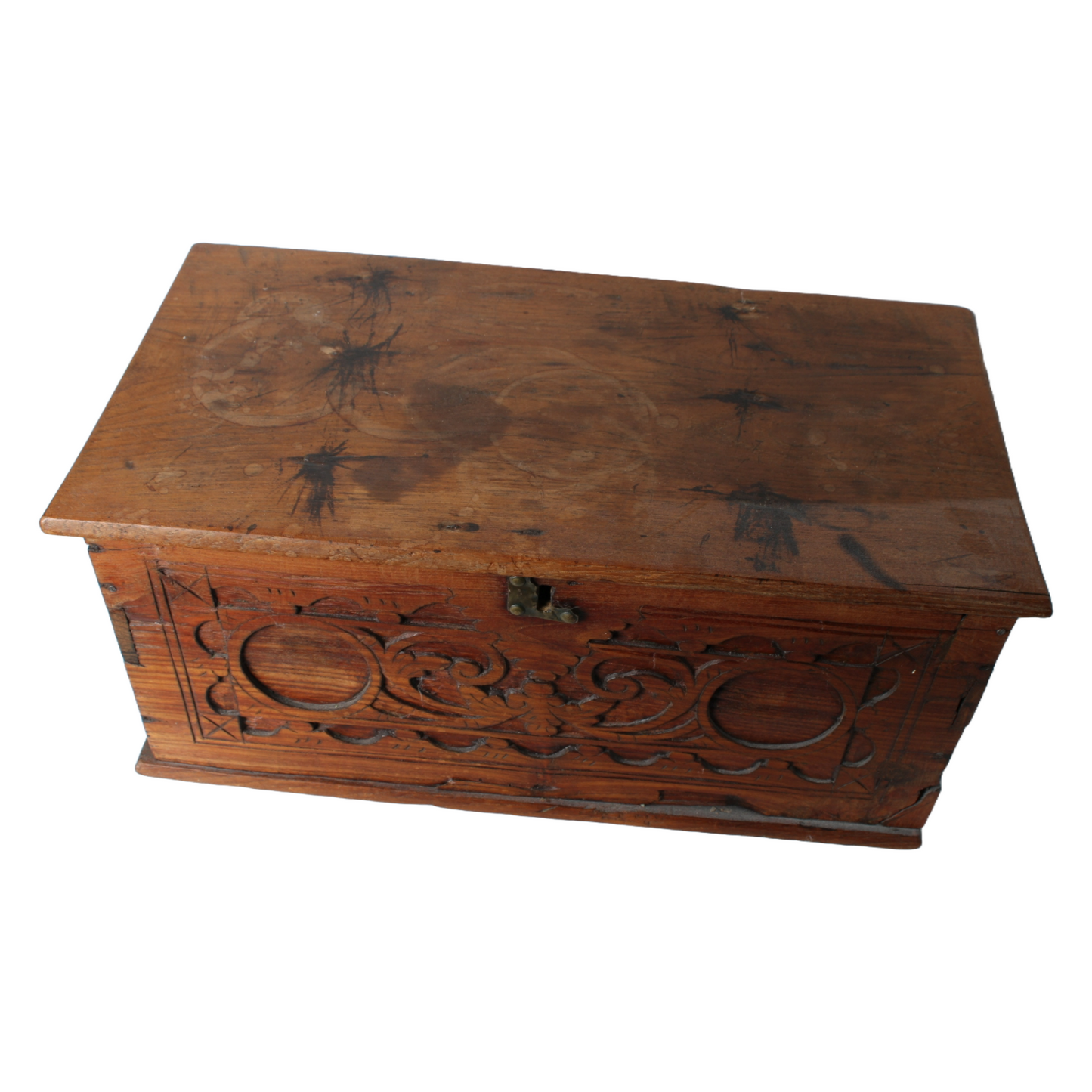 Antique Wooden Cash Box | Detailed Woodcarving | 18th-19th Century |