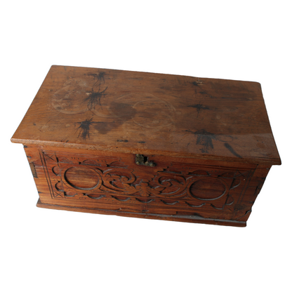 Antique Wooden Cash Box | Detailed Woodcarving | 18th-19th Century |
