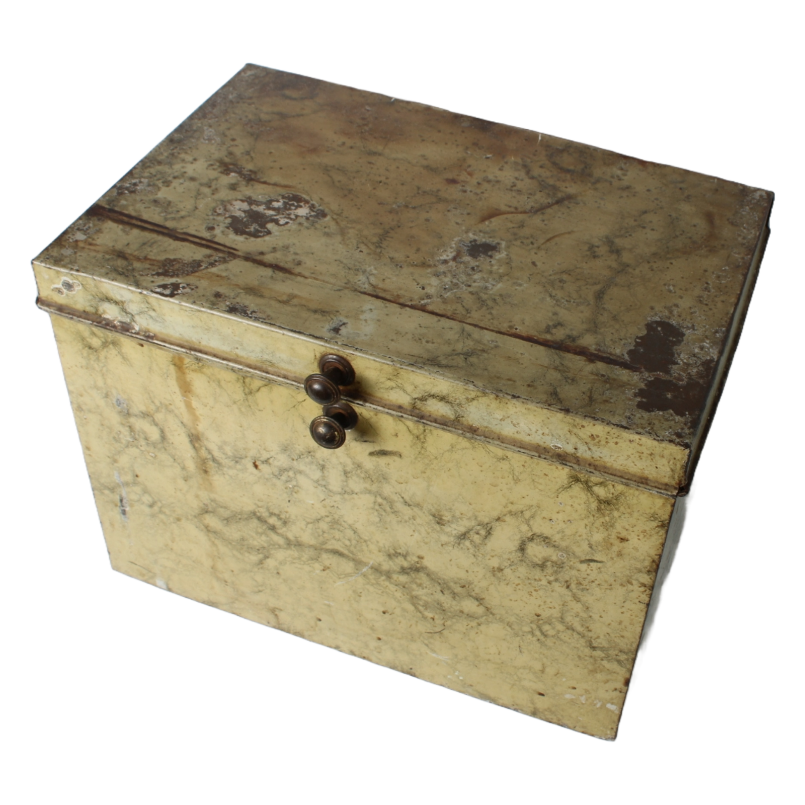 Antique Faux-Marble Metal Storage Chest with Knobs – Industrial Tin Box