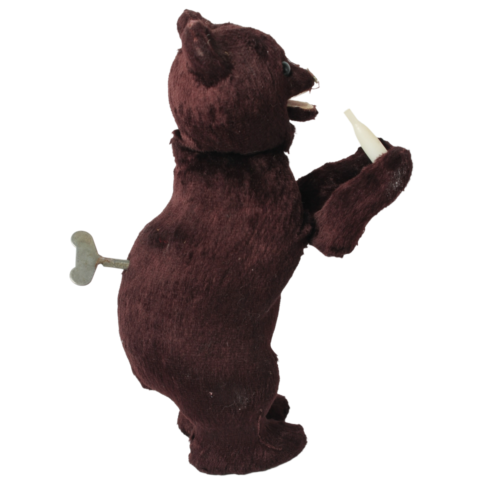 Mechanical Wind-Up Bear with Bottle c. 1930–1960 | Dark Brown Plush Toy Bear